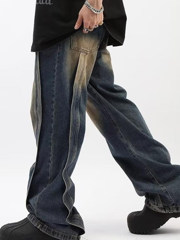 Men's Washed Patchwork Loose Jeans-2