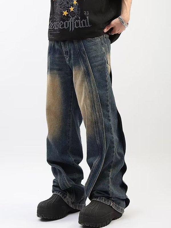 Men's Washed Patchwork Loose Jeans-1