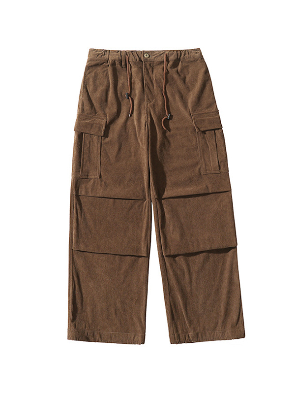Men's Corduroy Big Pocket Bound Feet Drawstring Cargo Pants-4