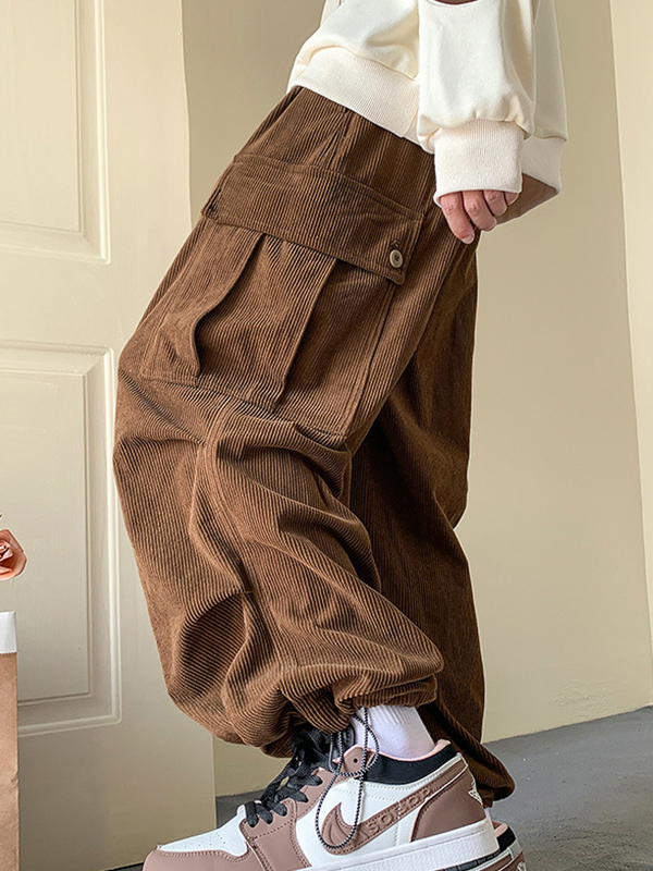 Men's Corduroy Big Pocket Bound Feet Drawstring Cargo Pants-3