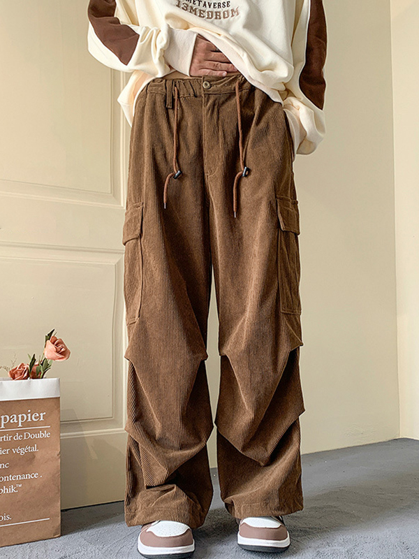 Men's Corduroy Big Pocket Bound Feet Drawstring Cargo Pants-2