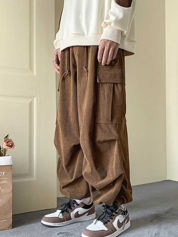 Men's Corduroy Big Pocket Bound Feet Drawstring Cargo Pants-1