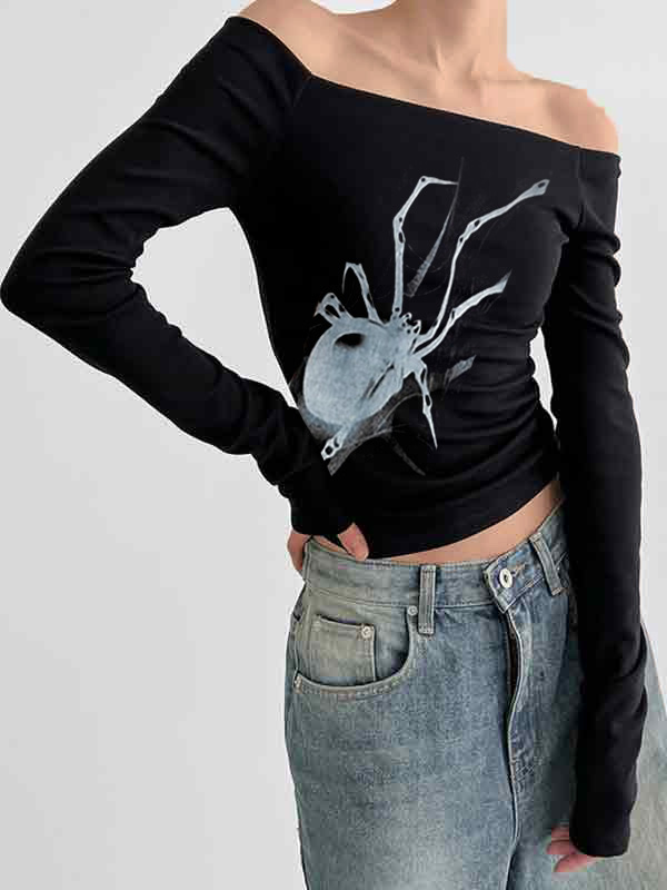 Spider Print Off Shoulder Slim Long Sleeve Tee-1